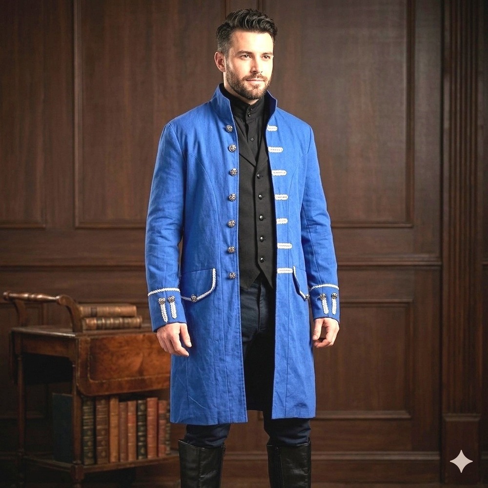 Mens Size Medium Royal Blue Military Hussar Coat Silver Braid‎ Trim Steampunk